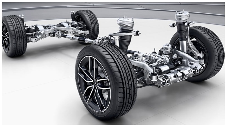 <p>Chasis y sistema de suspensión de un Mercedes-Benz GLS, mostrando los componentes técnicos y detalles mecánicos del sistema de tracción y suspensión.</p>