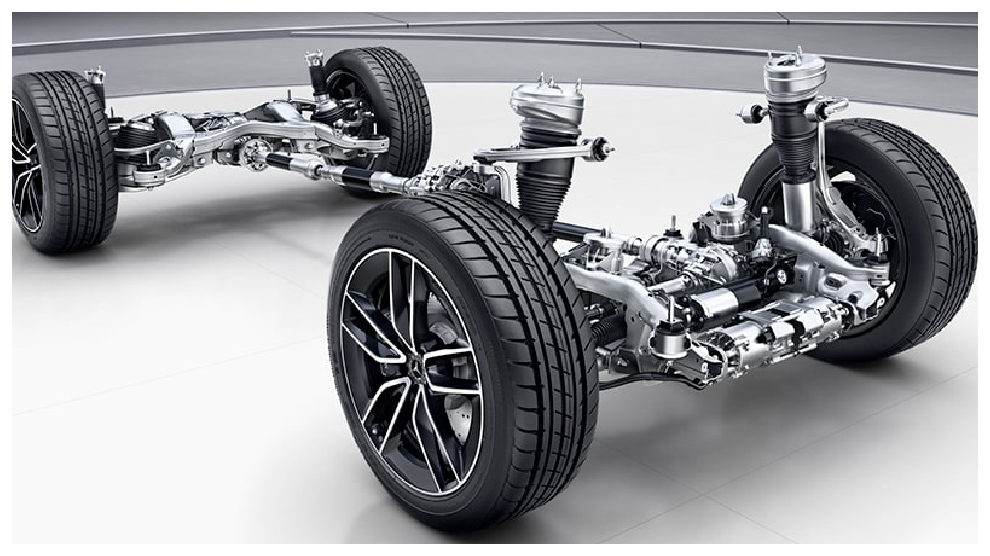 <p>Chasis y sistema de suspensión de un Mercedes-Benz GLS, mostrando los componentes técnicos y detalles mecánicos del sistema de tracción y suspensión.</p>