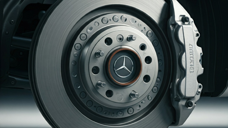 <p>Vista cercana de freno de disco en auto Mercedes-Benz.</p>