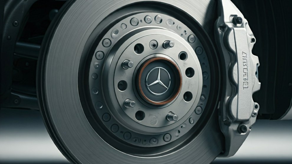 <p>Vista cercana de freno de disco en auto Mercedes-Benz.</p>